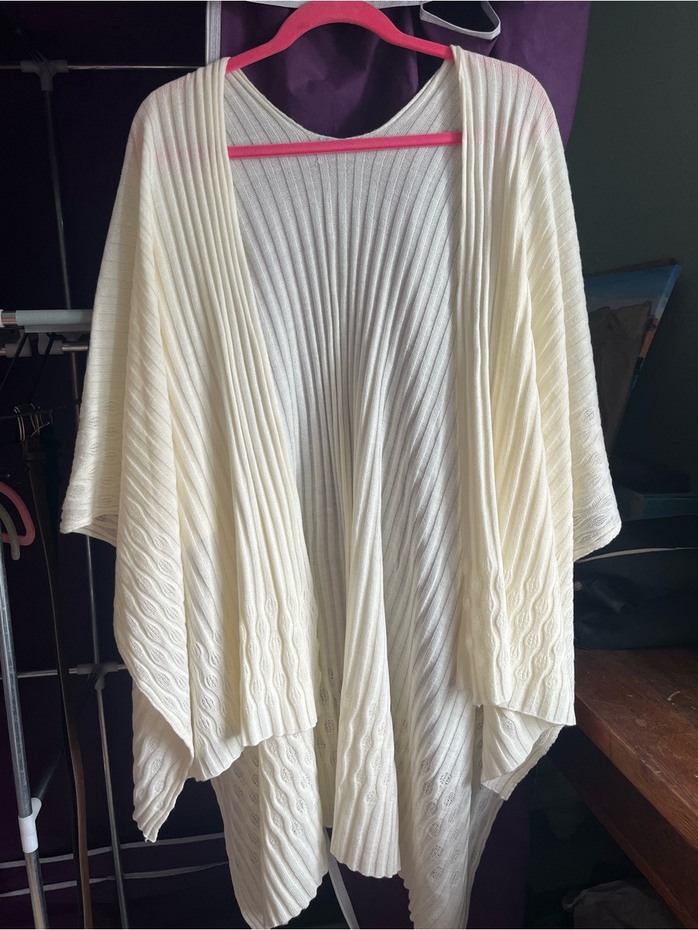 Open-Front Cream Ribbed Poncho Cardigan Shawl